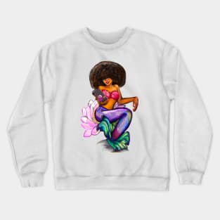 Mermaid Afro Mermaid on phone sitting on Lilly flower - Coco the Magical rainbow mermaid and phone - brown eyes, Afro hair in two puffs and caramel brown skin - light background Crewneck Sweatshirt